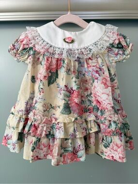 Vintage 90’s Floral Ruffle Collar Baby Dress - Pink & Cream 9M